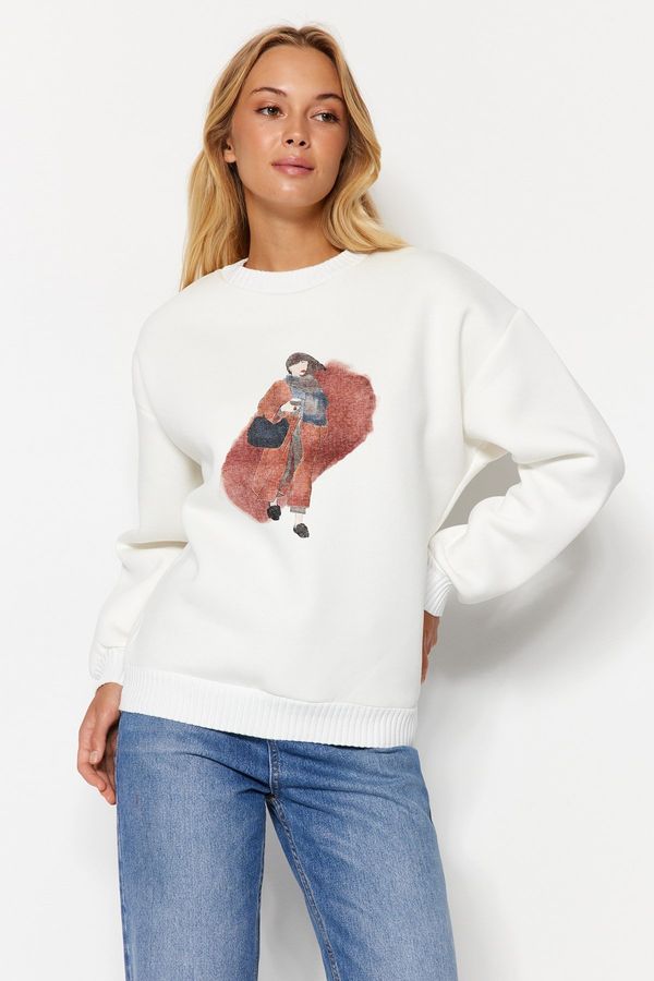 Trendyol Trendyol Ecru Regular/Regular fit Sweater Detailed Printed Fleece Fleece Knitted Sweatshirt