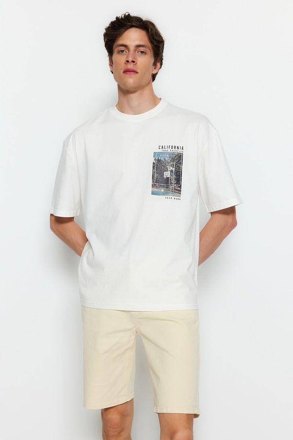 Trendyol Trendyol Ecru Relaxed/Comfortable Cut Basketball Printed 100% Cotton T-Shirt