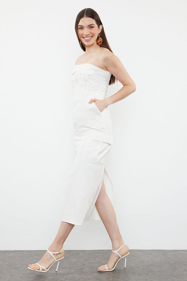 Trendyol Trendyol Ecru Straight Cut Strapless Pocket Detailed Gabardine Woven Midi Dress