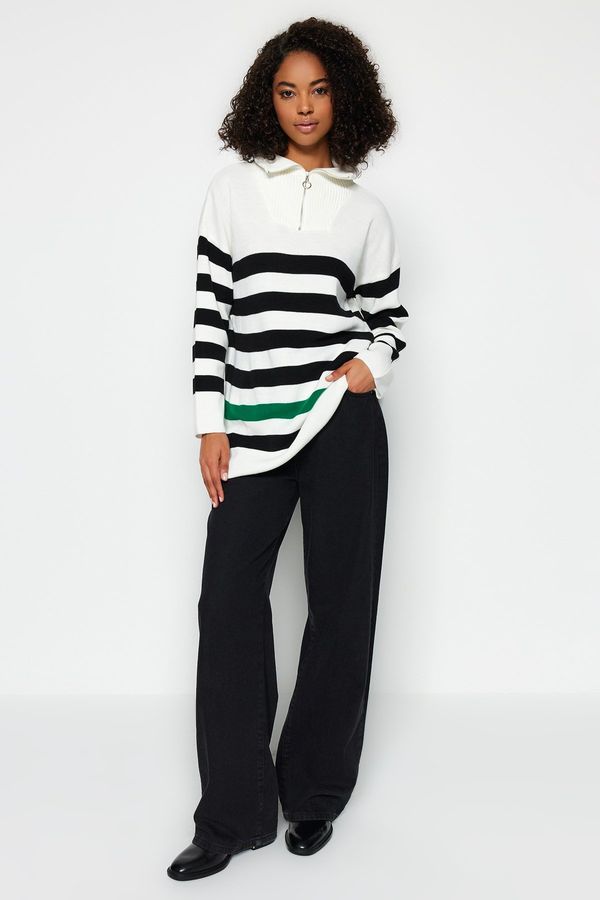 Trendyol Trendyol Ecru Zipper Detailed Striped Knitwear Sweater