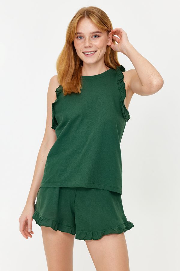 Trendyol Trendyol Emerald Green 100% Cotton Ruffle Detailed Tank Top-Shorts Knitted Pajama Set