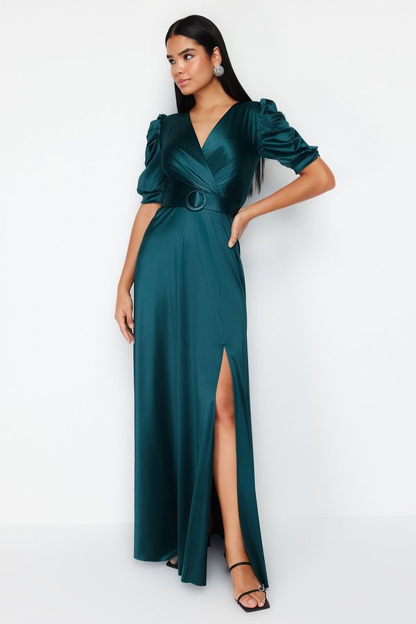 Trendyol Trendyol Emerald Green Belt Detailed Knitted Long Evening Dress