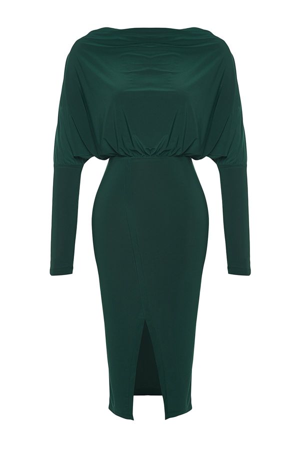 Trendyol Trendyol Emerald Green Clad Collar A-Line / A-Line Formal Midi Stretch Knit Dress with a Slit