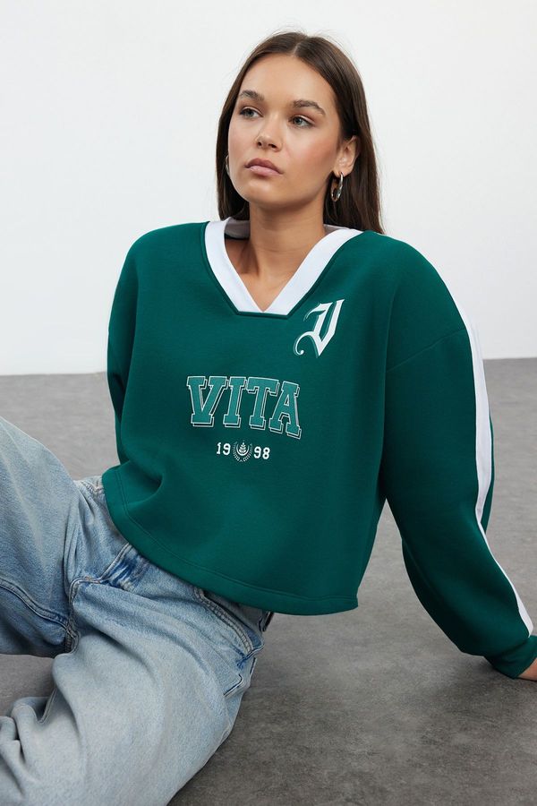 Trendyol Trendyol Emerald Green Color Blocked Oversize Crop Thick Knitted Sweatshirt