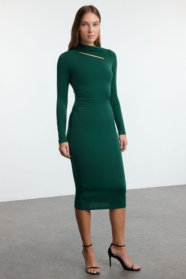 Trendyol Trendyol Emerald Green Cut Out Detailed Fitted Midi Stretchy Knitted Dress