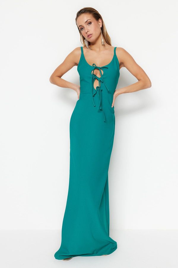 Trendyol Trendyol Emerald Green Long Evening Evening Dress with Woven Piping