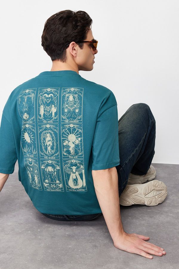 Trendyol Trendyol Emerald Green Oversize/Wide-Fit 100% Cotton Tarot Printed T-Shirt