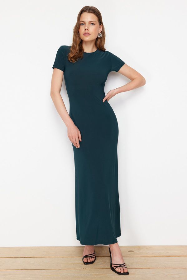 Trendyol Trendyol Emerald Green Short Sleeve Fitted Crew Neck Flexible Knitted Maxi Pencil Dress