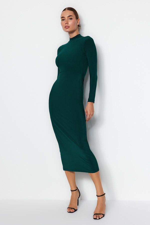 Trendyol Trendyol Emerald Green Stand-Up Collar Fitted/Situated Maxi Stretch Knit Dress