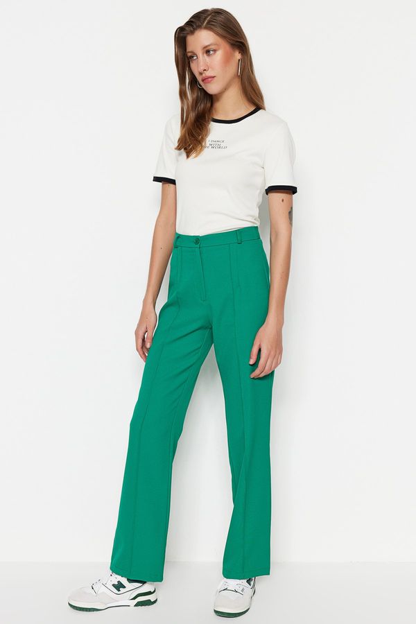 Trendyol Trendyol Emerald Green Straight Cut High Waist Ribbed Stitched Woven Trousers