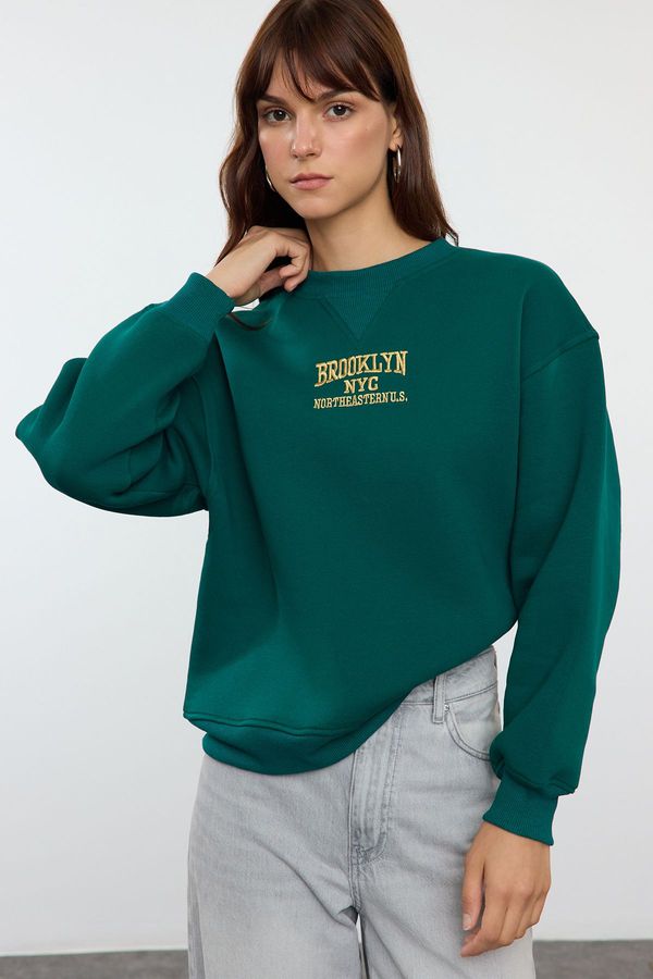 Trendyol Trendyol Emerald Green Thick Polar Fleece Slogan Printed Knitted Sweatshirt