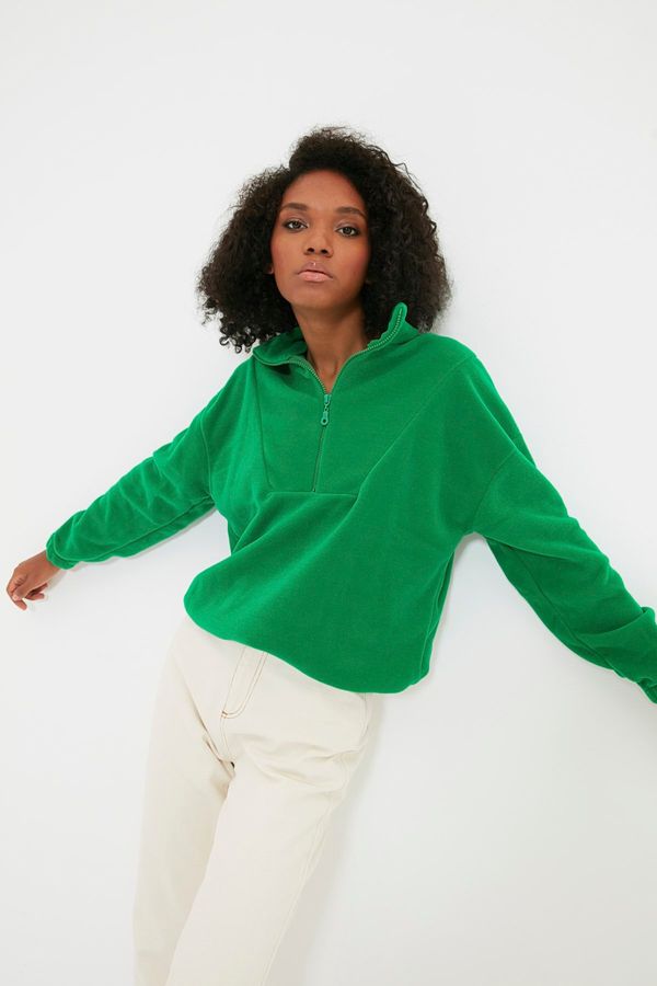 Trendyol Trendyol Emerald Green Zipper Detail Fleece Knitted Sweatshirt