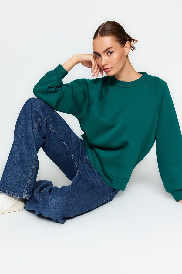 Trendyol Trendyol Emerald Relaxed Fit Basic Raglan Sleeve Crew Neck Knitted Sweatshirt