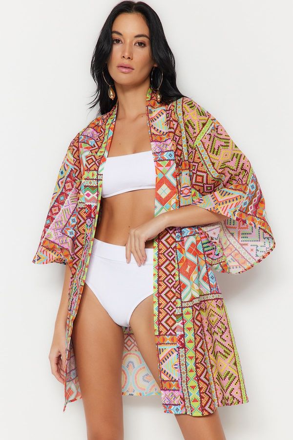 Trendyol Trendyol Ethnic Pattern Mini Woven 100% Cotton Kimono & Kaftan