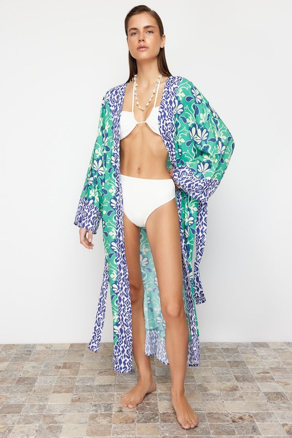 Trendyol Trendyol Ethnic Patterned Belted Maxi Woven Kimono & Kaftan