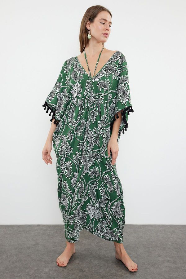 Trendyol Trendyol Ethnic Patterned Wide Fit Midi Woven Tassel Beach Dress