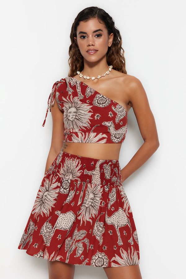 Trendyol Trendyol Ethnic Patterned Woven Pleated One-Shoulder Blouse and Skirt Set