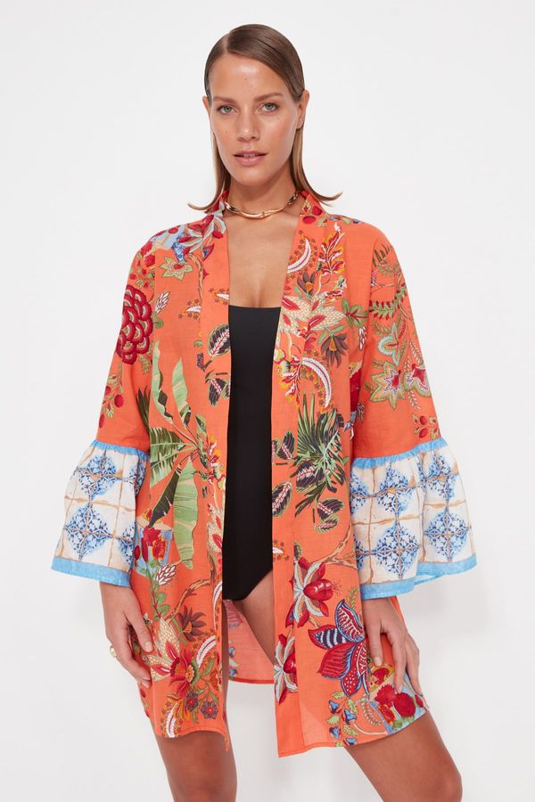 Trendyol Trendyol Floral Pattern Belted Mini-Weave 100% Cotton Kimono & Caftan