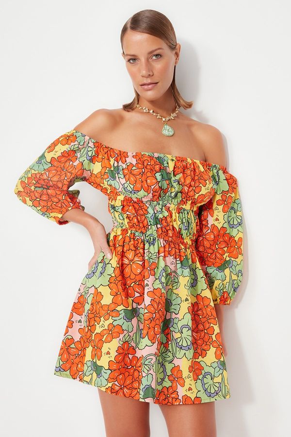 Trendyol Trendyol Floral Pattern Mini Woven Gathered 100% Cotton Beach Dress