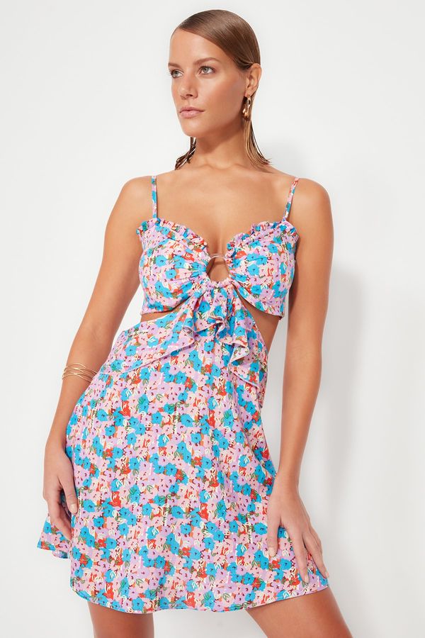 Trendyol Trendyol Floral Patterned Mini Woven Accessories Beach Dress