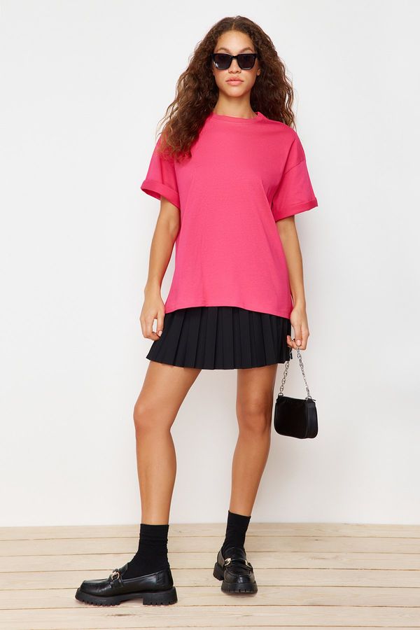 Trendyol Trendyol Fuchsia 100% Cotton Premium Oversize/Wide Fit Crew Neck Knitted T-Shirt