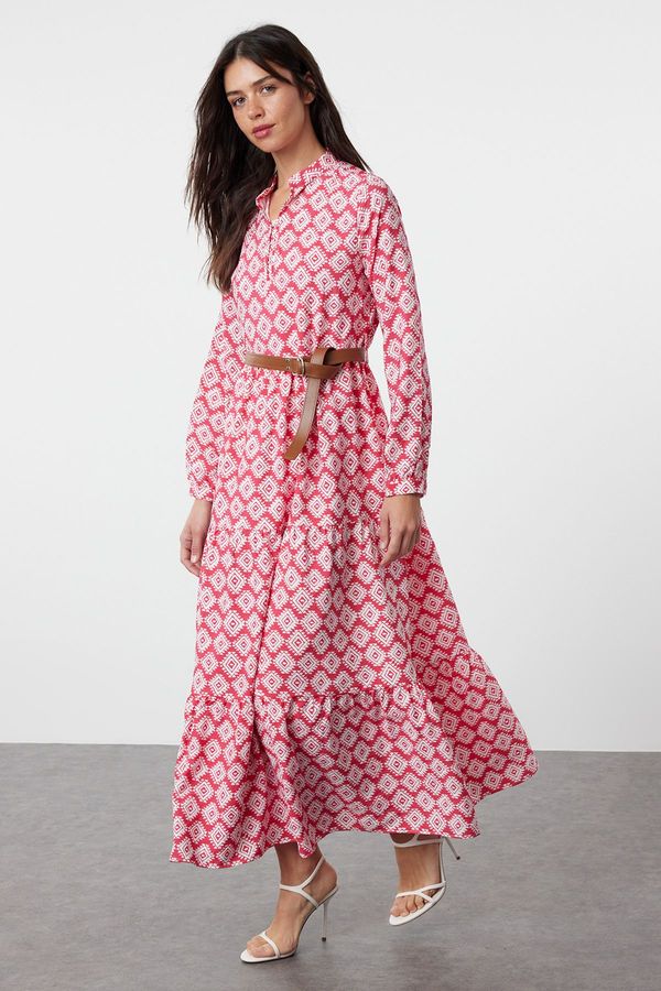 Trendyol Trendyol Fuchsia Belted Skirt Flounced Floral Patterned Lined Woven Dress