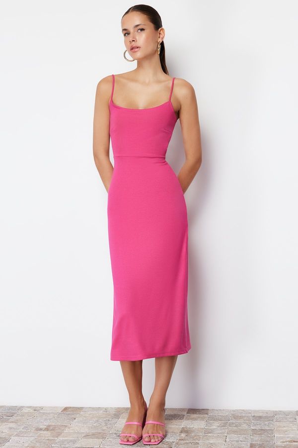 Trendyol Trendyol Fuchsia Cut Out Detailed Fitted/Fitted Midi Knitted Midi Dress with Slit
