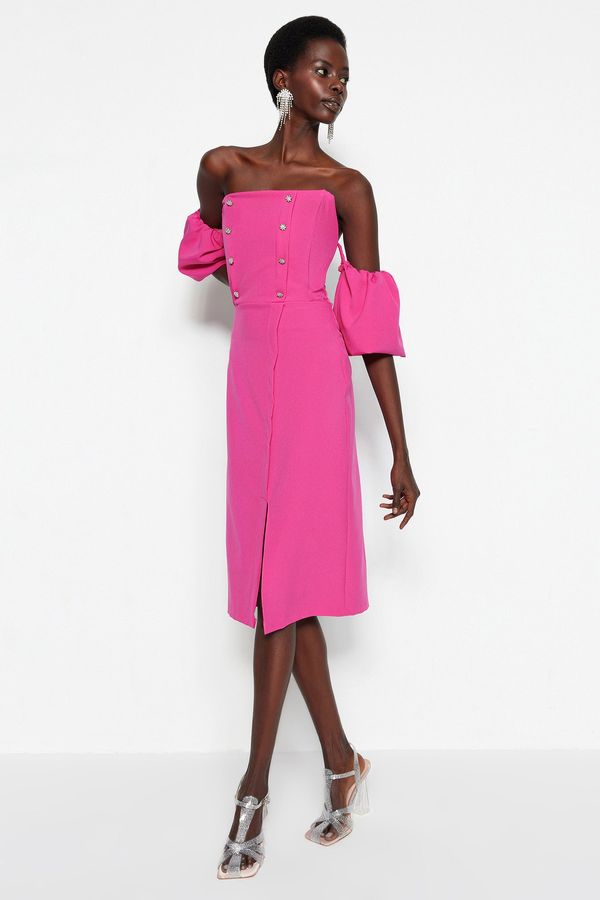Trendyol Trendyol Fuchsia Fitted Elegant Evening Dress with Woven Accessories