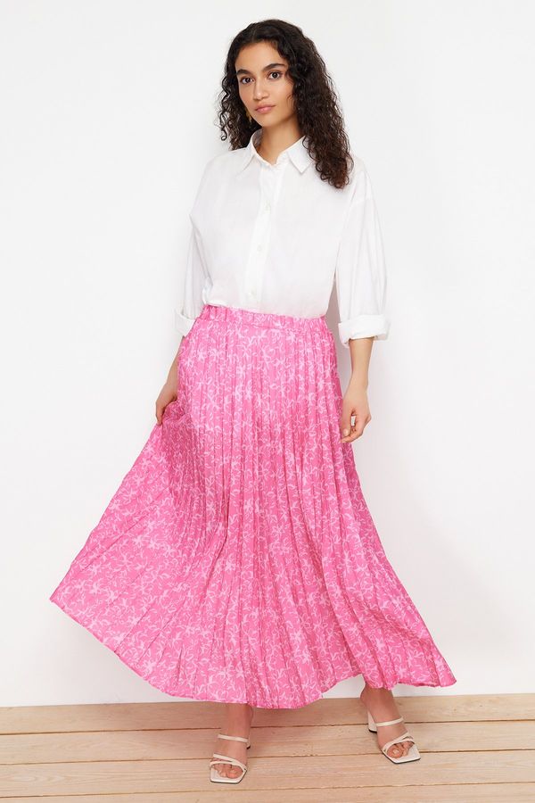 Trendyol Trendyol Fuchsia Floral Patterned Pleated Elastic Waist Woven Skirt