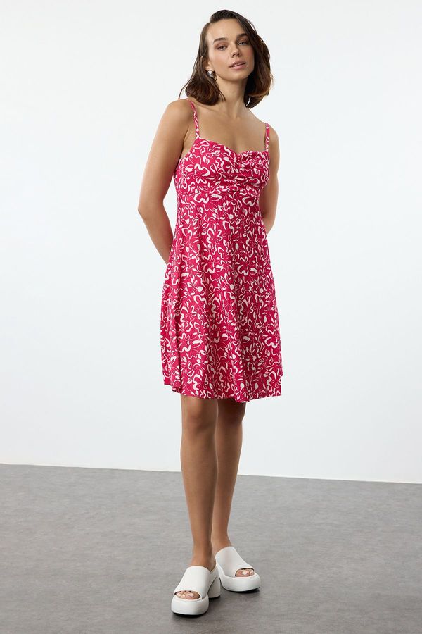 Trendyol Trendyol Fuchsia Floral Patterned Textured Straps Stretch Detailed Flexible Knitted Mini Dress