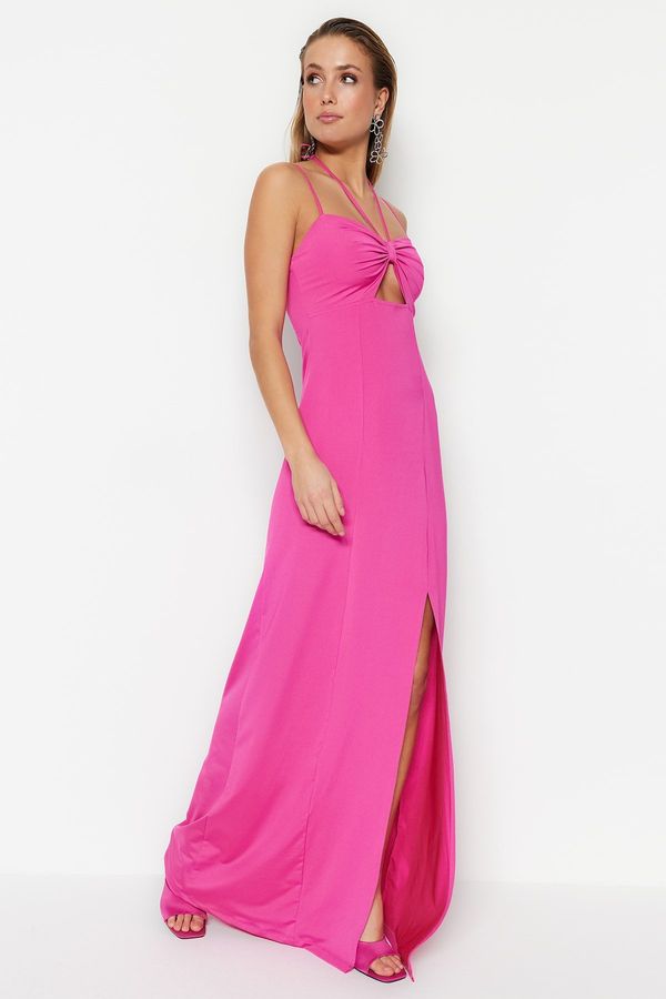 Trendyol Trendyol Fuchsia Lined Knitted Evening Dress with Window/Cut Out Detail