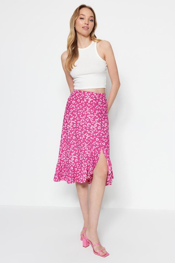 Trendyol Trendyol Fuchsia Printed High-waist Midi, Elastic Knitted Skirt with Ruffles and Ruffle Details