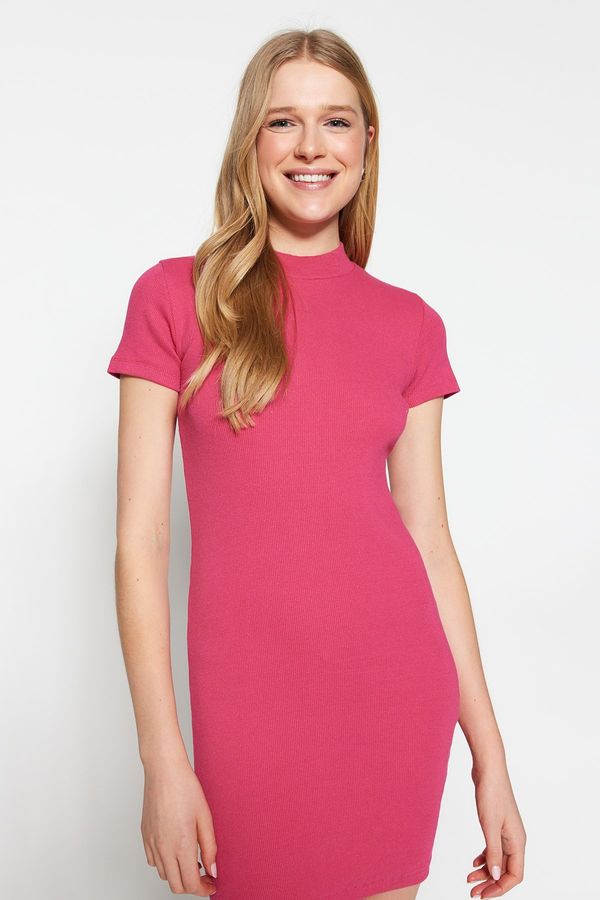 Trendyol Trendyol Fuchsia Short Sleeve Crew Neck Mini Ribbed Stretchy Knitted Pencil Dress