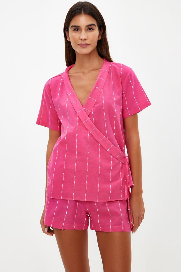 Trendyol Trendyol Fuchsia Striped 100% Cotton Wide Fit Shirt-Shorts Woven Pajama Set