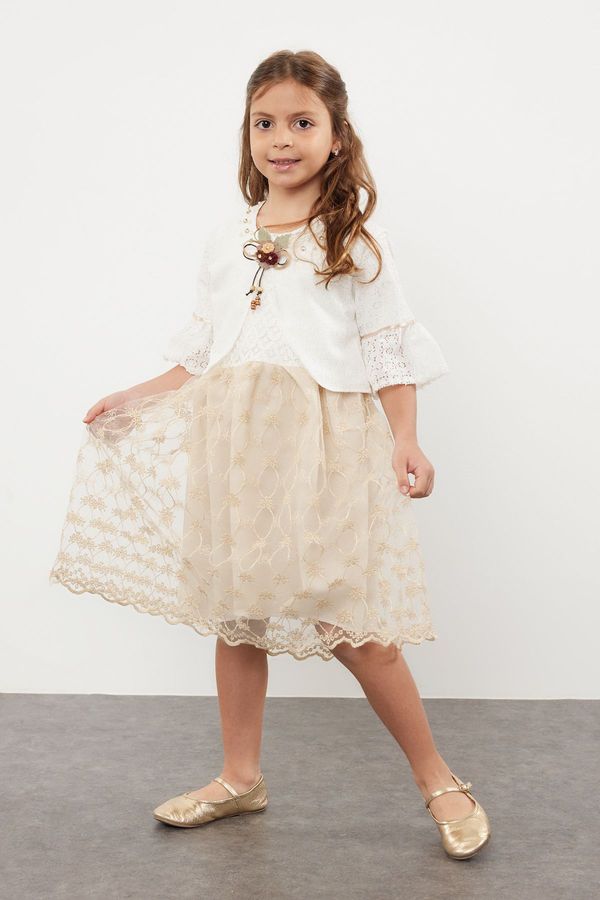 Trendyol Trendyol Girl's Stone Bolero Flower Appliqued Stone Detailed Woven Set Dress