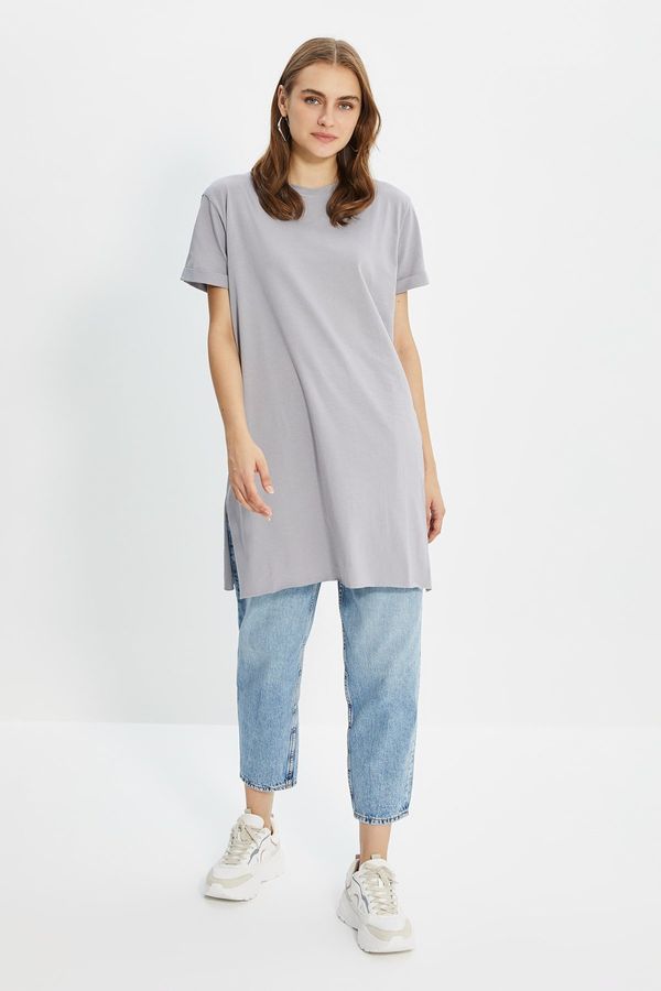 Trendyol Trendyol Gray 100% Cotton Basic Short Sleeve Slit Single Jersey T-Shirt