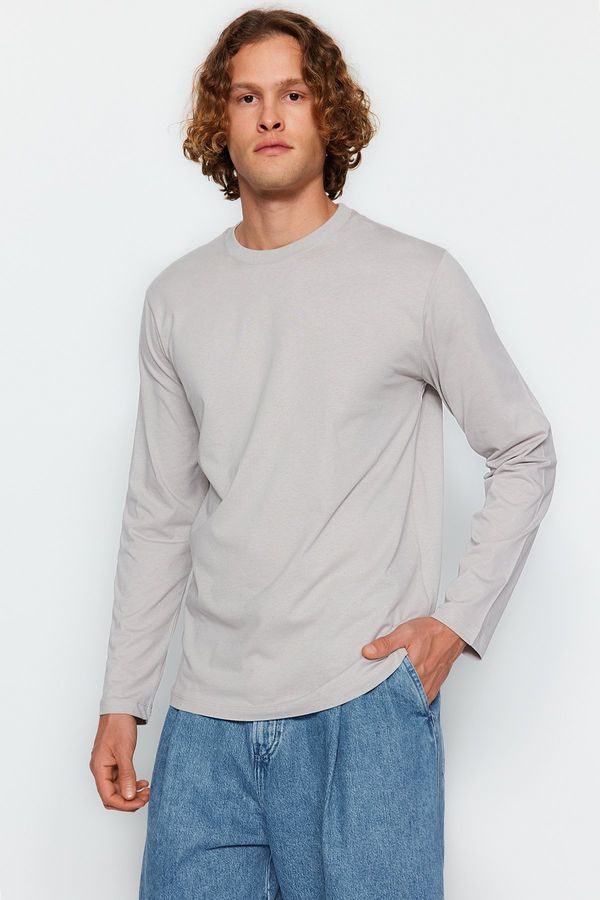 Trendyol Trendyol Gray Basic Regular/Normal Cut Crew Neck Long Sleeve 100% Cotton T-Shirt