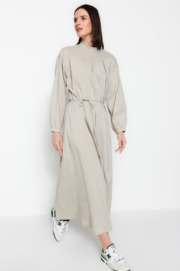 Trendyol Trendyol Gray Belted Gathered Detailed Wide Fit Woven Dress