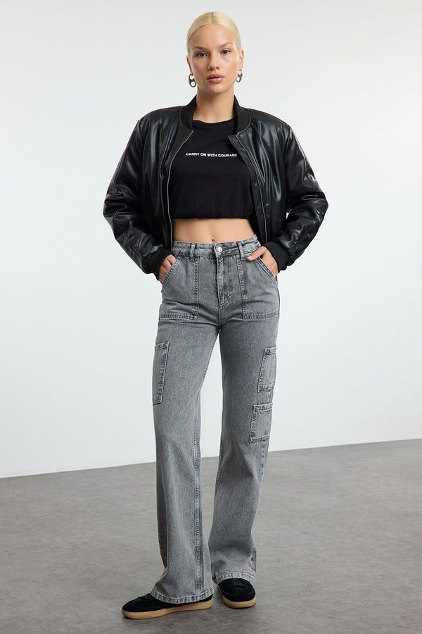 Trendyol Trendyol Gray Cargo Pocket High Waist Wide Leg Jeans