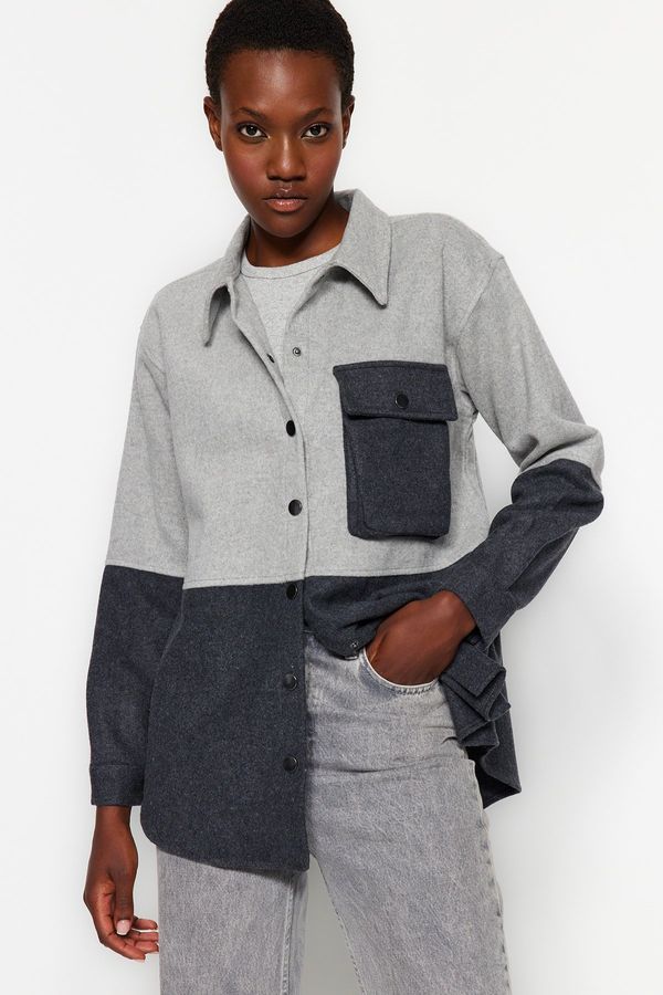 Trendyol Trendyol Gray Color Blocked Pocket Oversize / Wide Fit Woven Shirt