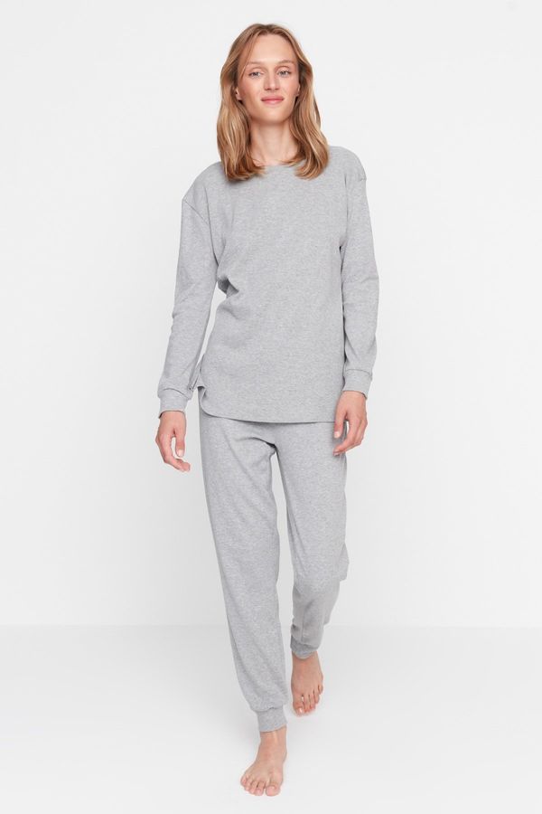 Trendyol Trendyol Gray Corded Cotton Wide Fit Knitted Pajama Set