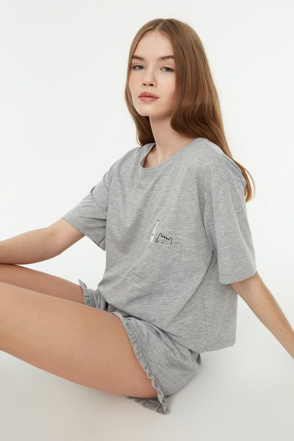 Trendyol Trendyol Gray Cotton Printed T-shirt-Shorts Knitted Pajama Set