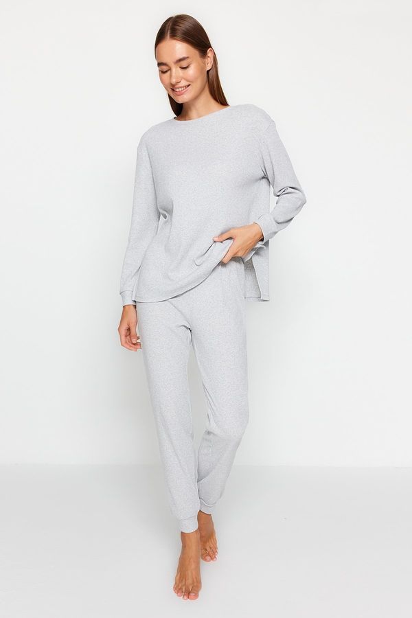 Trendyol Trendyol Gray Cotton Ribbed Wide Pattern Knitted Pajama Set