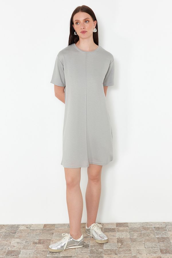 Trendyol Trendyol Gray Crewneck Short Ribbed Stretchy Knitted Mini T-shirt Dress