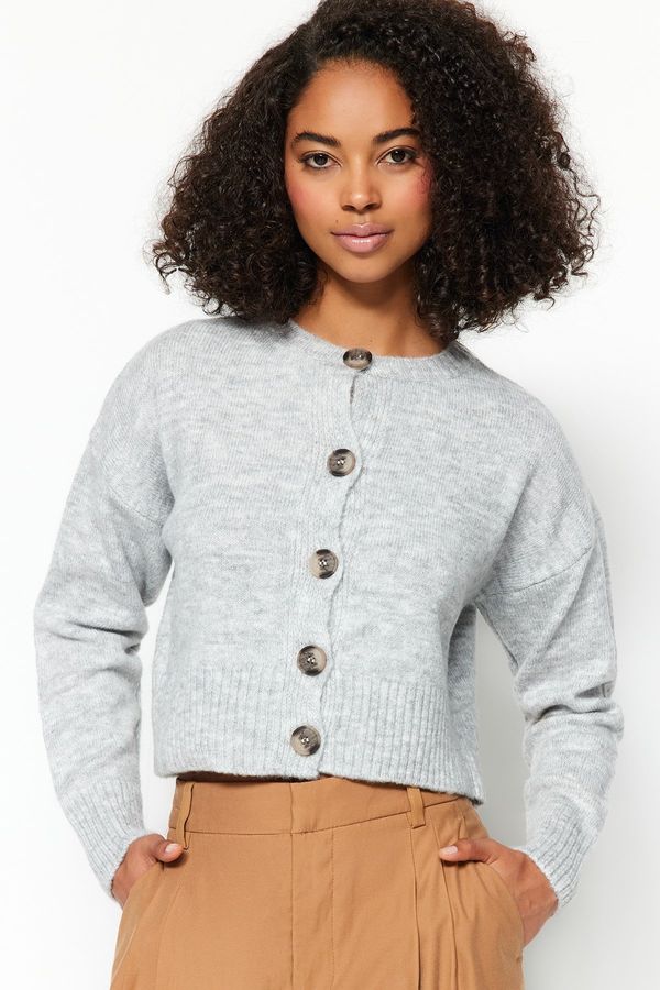 Trendyol Trendyol Gray Crop Soft Texture Buttoned Knitted Cardigan