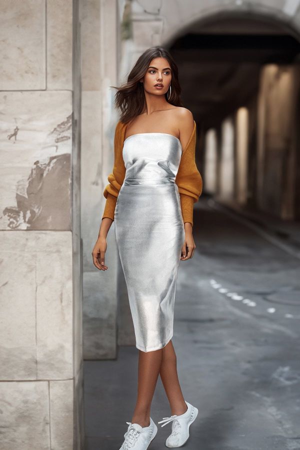 Trendyol Trendyol Gray Fitted Metallic Woven Dress