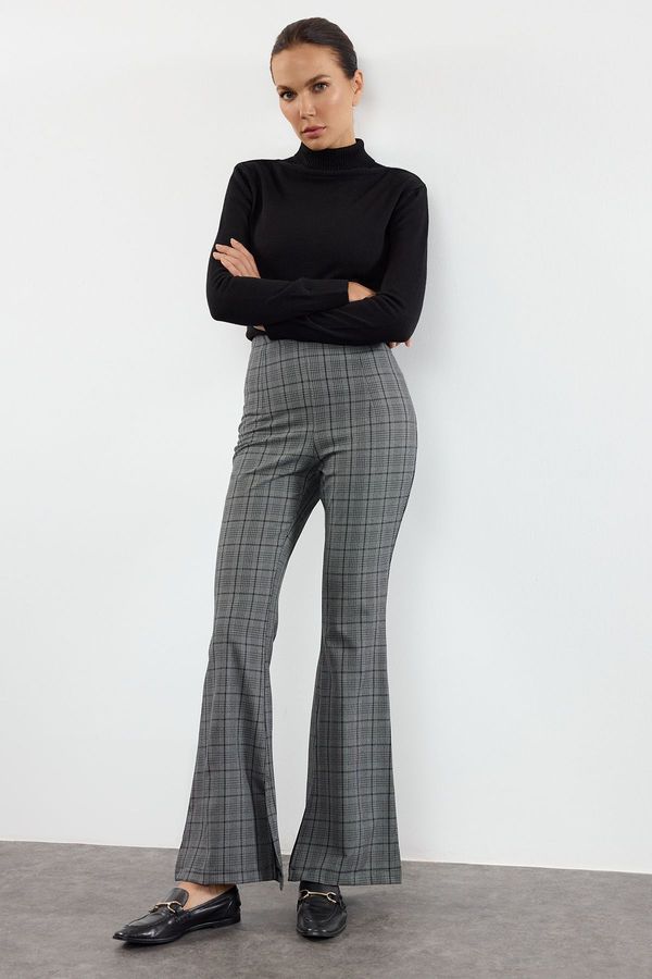 Trendyol Trendyol Gray Flare Pattern Plaid Woven Trousers