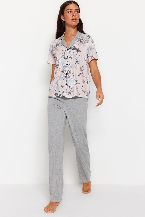 Trendyol Trendyol Gray Floral Detailed Knitted Pajama Set