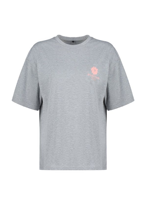 Trendyol Trendyol Gray Melange Back Printed Oversize/Wide Fit Crew Neck Knitted T-Shirt