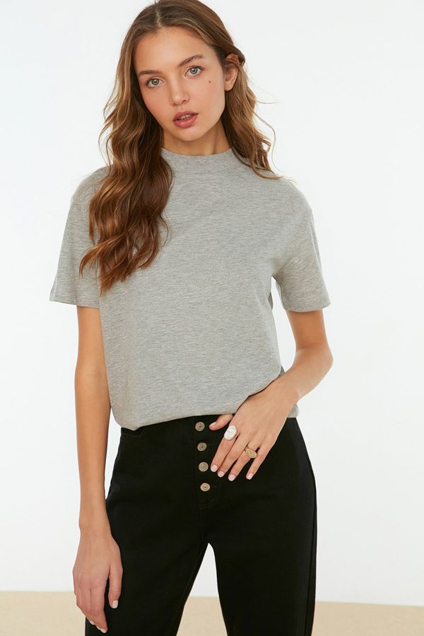 Trendyol Trendyol Gray Melange Basic Stand-Up Collar Knitted T-Shirt
